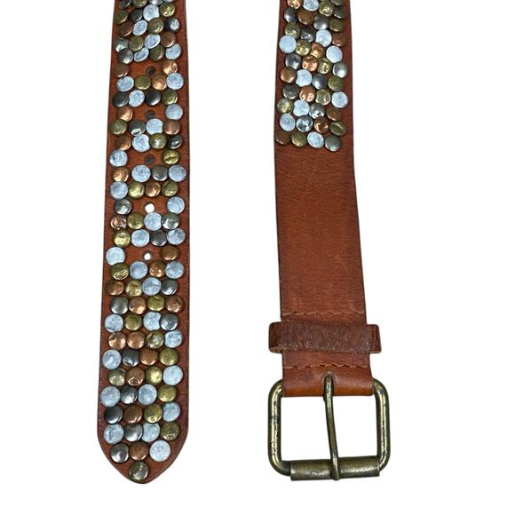 Vintage Boho Leather Mixed Metals Studded Belt Brown Sundance Western 33 Inch - Picture 3 of 7